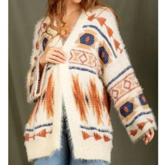 New! Boho Aztec Cozy Cream Cardigan Sweater - Picture 6 of 7